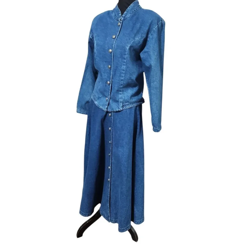 Vintage Waco Denim Outfit Womens Size 4 XS S Blue Jean Long Full Skirt Jacket